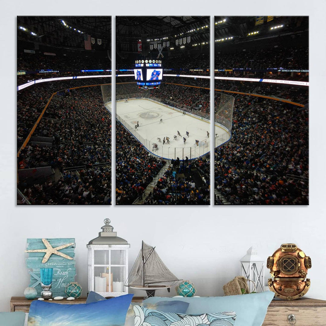 The nautical-themed room is enhanced by the KeyBank Center New York Buffalo Sabres Hockey Stadium Wall Art Canvas Print, a three-panel depiction of a bustling hockey arena with a gallery-quality finish. This canvas artwork, handmade in the USA, introduces an element of sporting elegance to your decor.