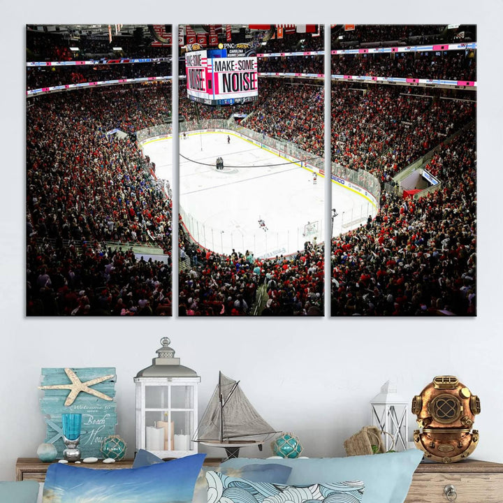 The living room features the PNC Arena Raleigh North Carolina Hurricanes Hockey Stadium Wall Art Canvas Print, which depicts a crowded ice hockey stadium with enthusiastic fans and an ongoing game, all rendered in high-resolution on museum-quality canvas.