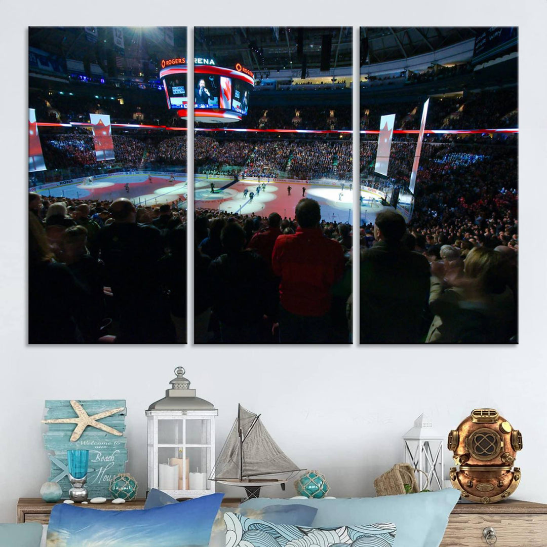 Experience the intense atmosphere of a full-capacity ice hockey game at Rogers Arena, home of the Vancouver Canucks, captured on museum-quality canvas.