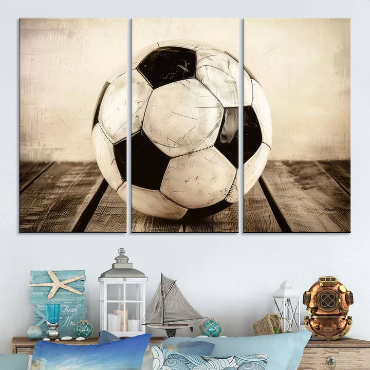 Vintage Soccer Ball Triptych Canvas Art – 3-Panel Soccer Wall Decor, Framed and Ready to Hang Sports Art for Home, Office, or Gym