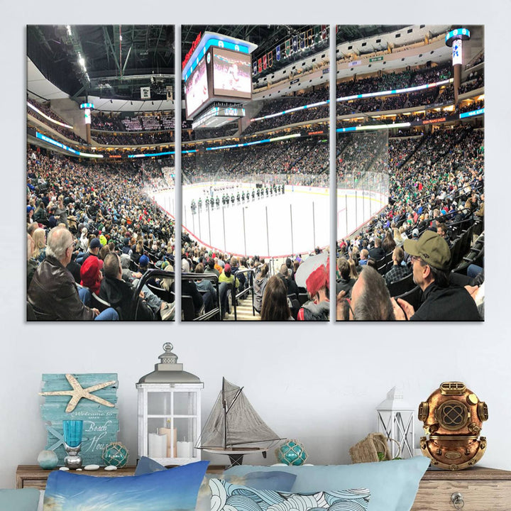 The Xcel Energy Center St Paul Minnesota Wild Ice Hockey Stadium Wall Art Canvas Print captures a packed hockey arena with spectators watching players on the ice. It is elegantly preserved on museum-quality canvas with vibrant details protected by a UV-protective coating.