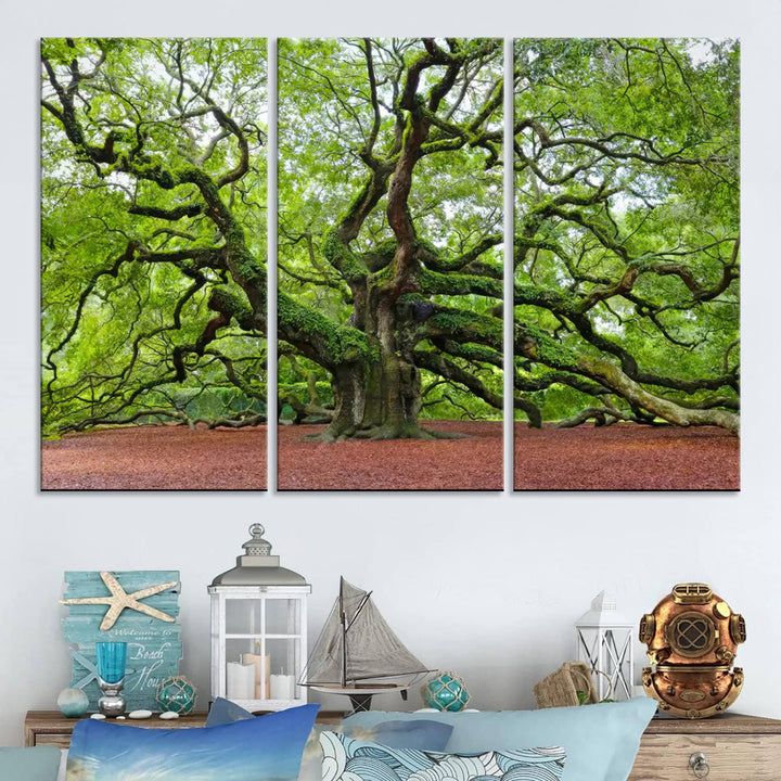 Framed Angel Oak Tree Wall Art - 3-Panel Canvas Prints, Large Green Nature Artwork, Ready to Hang Home Decor for Living Room, Office, Bedroom