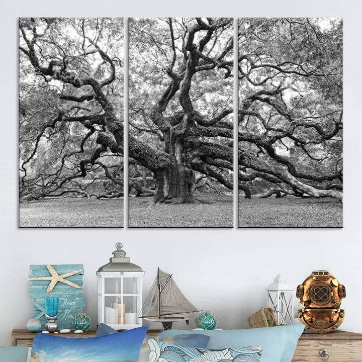 Black White Angel Oak Tree Wall Art - Timeless Nature-Inspired Canvas for Rustic, Modern, or Traditional Home Decor