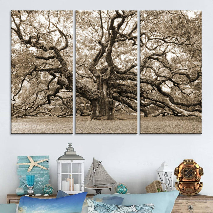 Displayed on the wall is a Sepia-framed Angel Oak Tree 3-panel canvas.