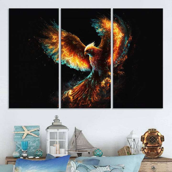 Fiery Phoenix Canvas Print | Ready to Hang Wall Art | Bold Fantasy Decor for Living Room | Majestic Bird Artwork