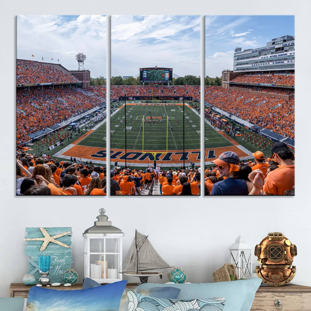 University of Illinois Fighting Illini Football Team Print - Champaign Illinois Memorial Stadium Wall Art Canvas Print