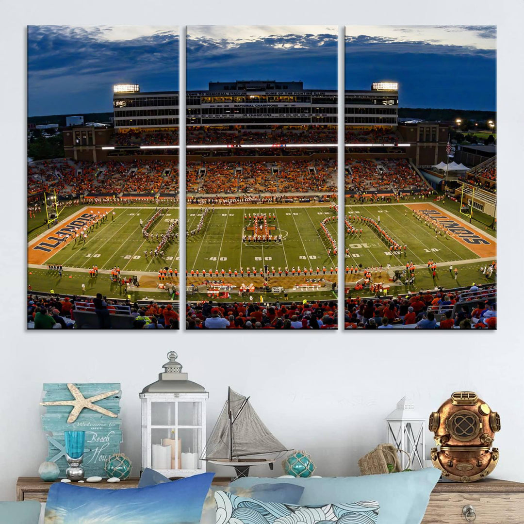 University of Illinois Fighting Illini Football Team Print - Champaign Illinois Memorial Stadium Wall Art Canvas Print