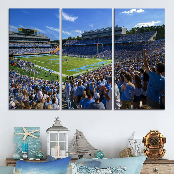 A gallery-quality canvas wall art print featuring the University of North Carolina Tar Heels Football Team and Chapel Hill's Kenan Memorial Stadium adorns the cafe wall.