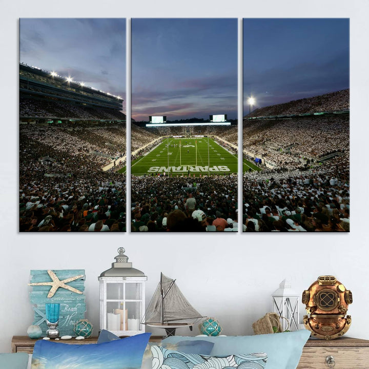 Wall art featuring a stadium at dusk with full stands—ideal for the Michigan State Spartans Football Team Canvas Print.