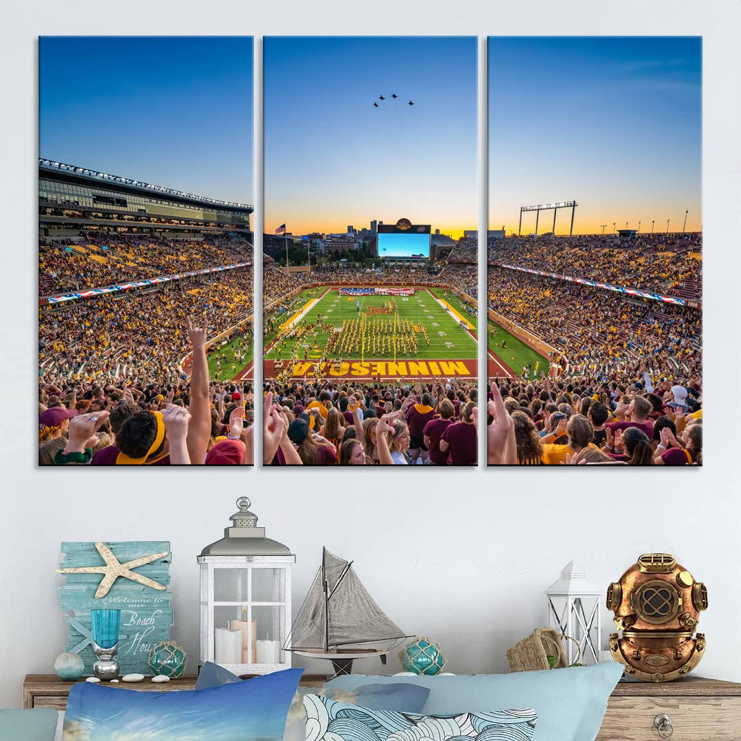 Canvas wall art featuring the University of Minnesota Football Team print, showcasing Huntington Bank Stadium at sunset with jets overhead.