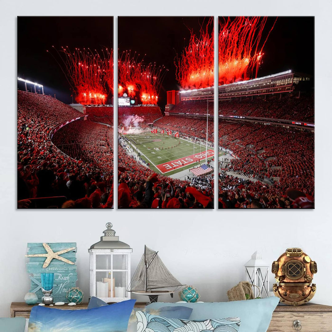 A vibrant red canvas art of a packed Ohio State Buckeyes stadium at night with fireworks.