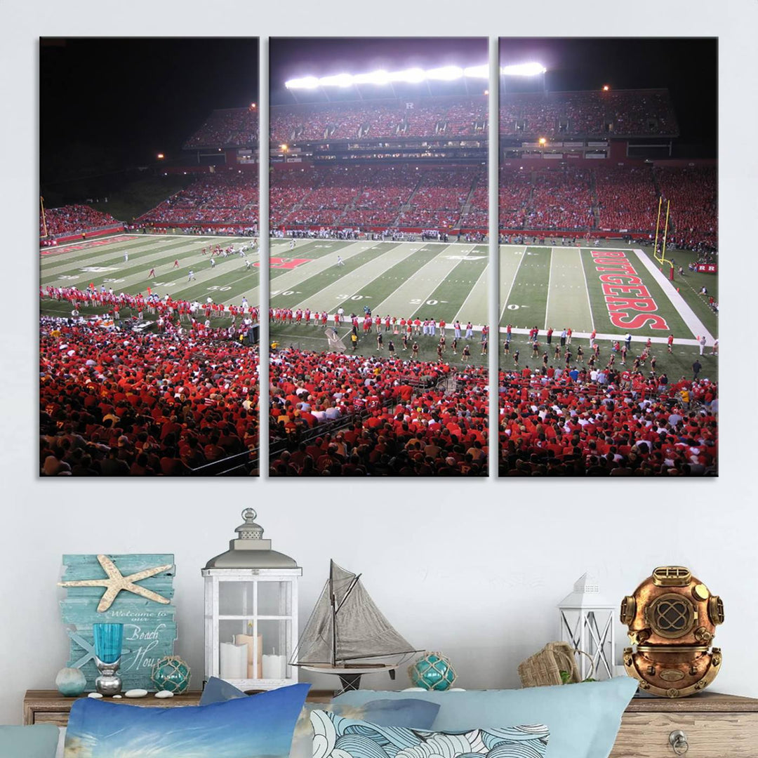 A bustling night game at SHI Stadium is captured as Rutgers Scarlet Knights wall art on a gallery-quality canvas print.