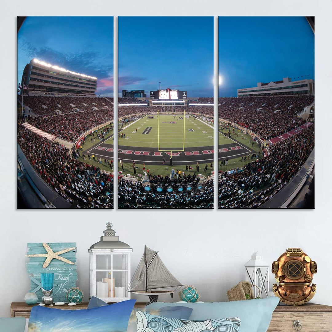 The wall art in the living room features a Texas Tech Red Raiders Football Team Print, showcasing Jones AT&T Stadium at dusk.