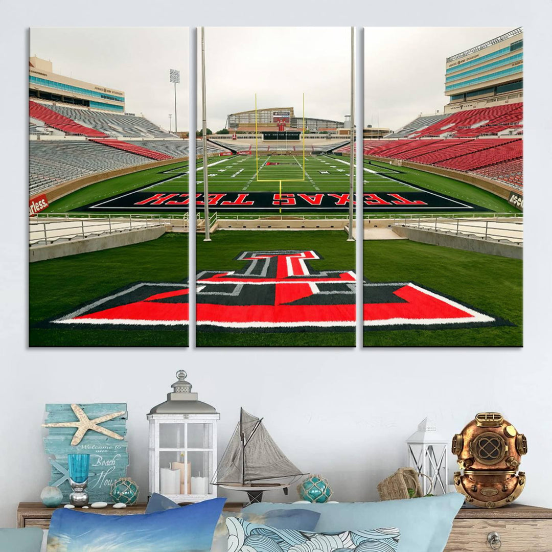 Gallery-quality print of Lubbock Jones AT&T Stadium featuring the Texas Tech Red Raiders field, highlighted by red and gray bleachers.