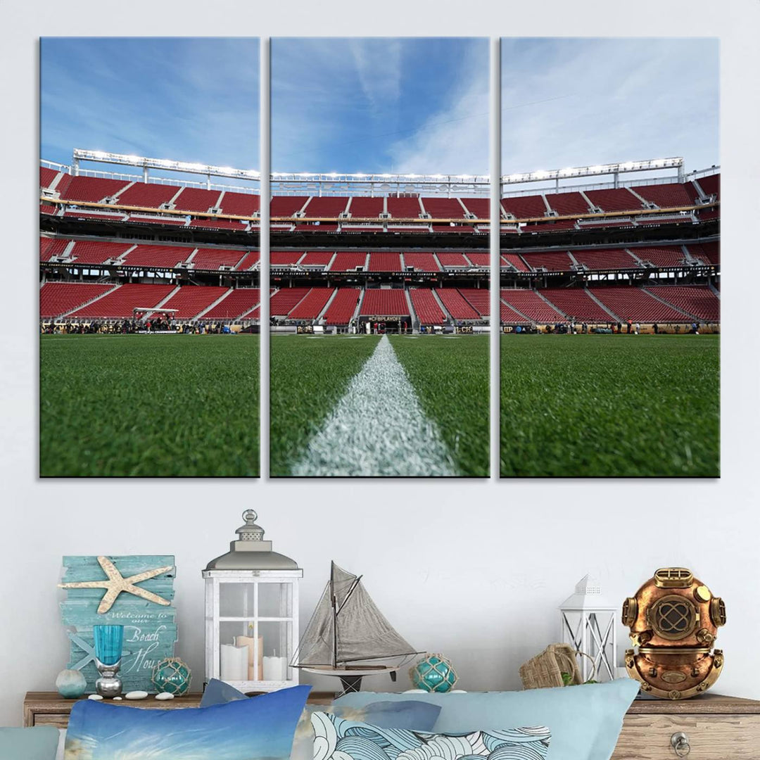 A canvas print of the University of Tulsa Golden Hurricane showcases H.A. Chapman Stadiums football field and red seats against a backdrop of a blue sky.