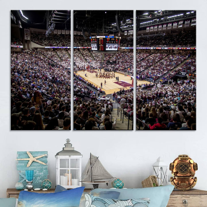 The Nebraska Basketball Arena Wall Art Canvas features an arena filled with Cornhuskers fans and players beneath a scoreboard.