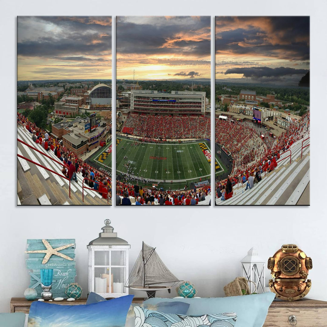 The University of Maryland Terrapins Football Team Print features SECU Stadium at sunset with vibrant skies.