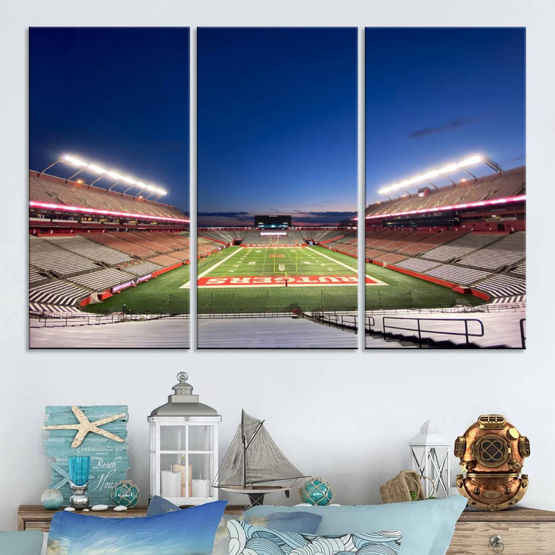 A large SHI Stadium at dusk, ideal for a Rutgers Scarlet Knights Football Team canvas print.