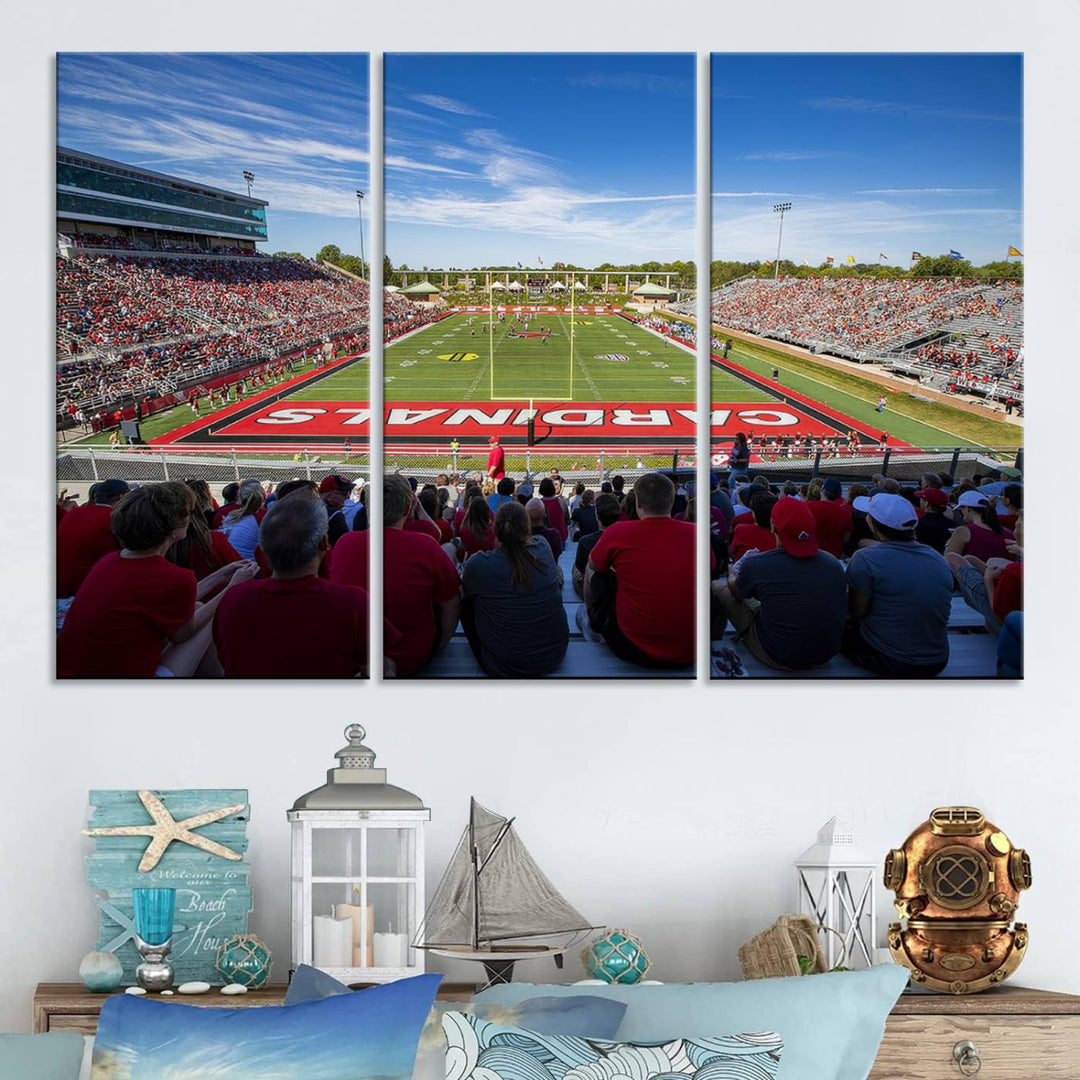 The Ball State Cardinals wall art on canvas depicts fans in red at Scheumann Stadium.