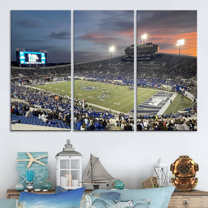 A Memphis Tigers football canvas print of Simmons Bank Liberty Stadium at sunset enhances the living room.