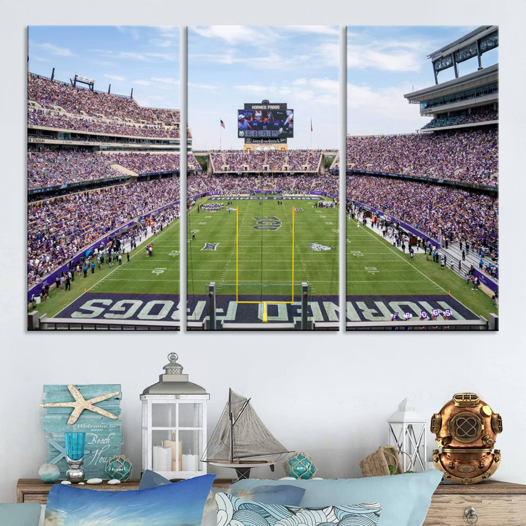 The TCU Horned Frogs print portrays a vibrant Amon G. Carter Stadium, filled with energy and game action.