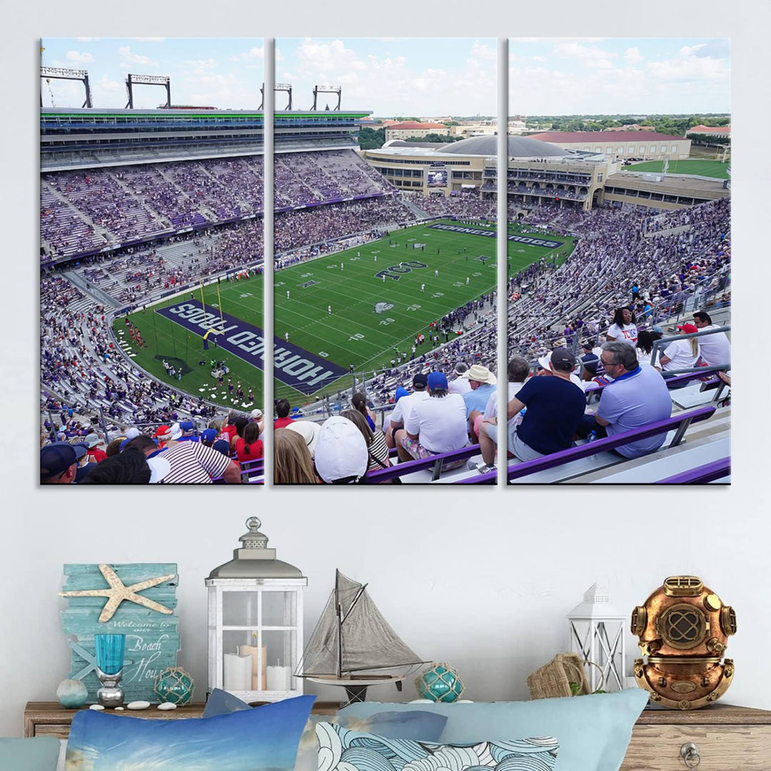 Amon G. Carter Stadium wall art canvas showcasing the TCU Horned Frogs and packed stands at Fort Worth.