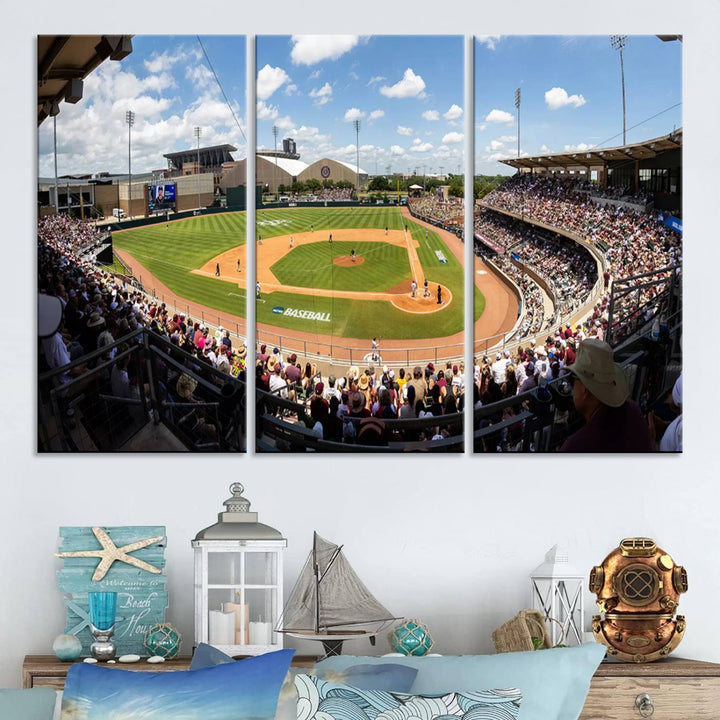 A baseball stadium under a blue sky, capturing the energy of The Texas A&M Aggies Athletics Kyle Field Wall Art.