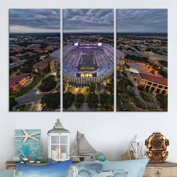 The LSU Tigers Football Team Baton Rouge Tiger Stadium Canvas is displayed prominently, capturing attention with its vivid depiction of the iconic stadium.