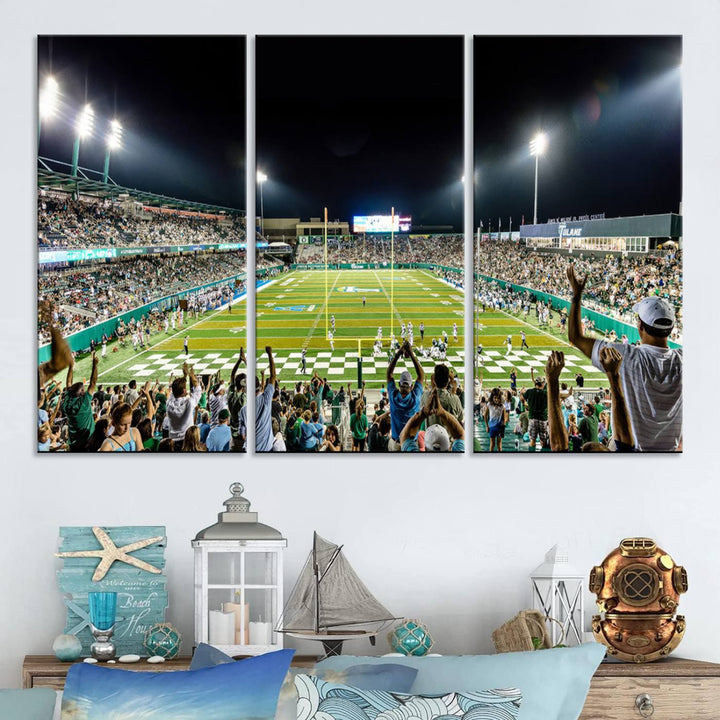 This vibrant wall art canvas print captures the excitement of fans cheering for the Tulane Green Wave Football Team under the lights of Yulman Stadium.