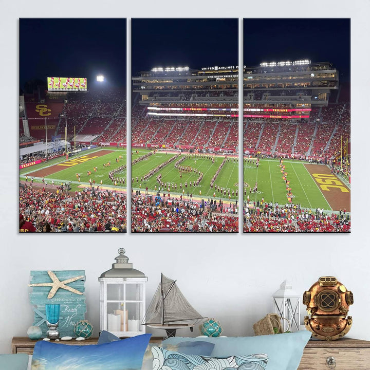 Canvas print depicting a packed stadium at night with a marching band forming USC, celebrating the Trojans at Los Angeles Memorial Coliseum.