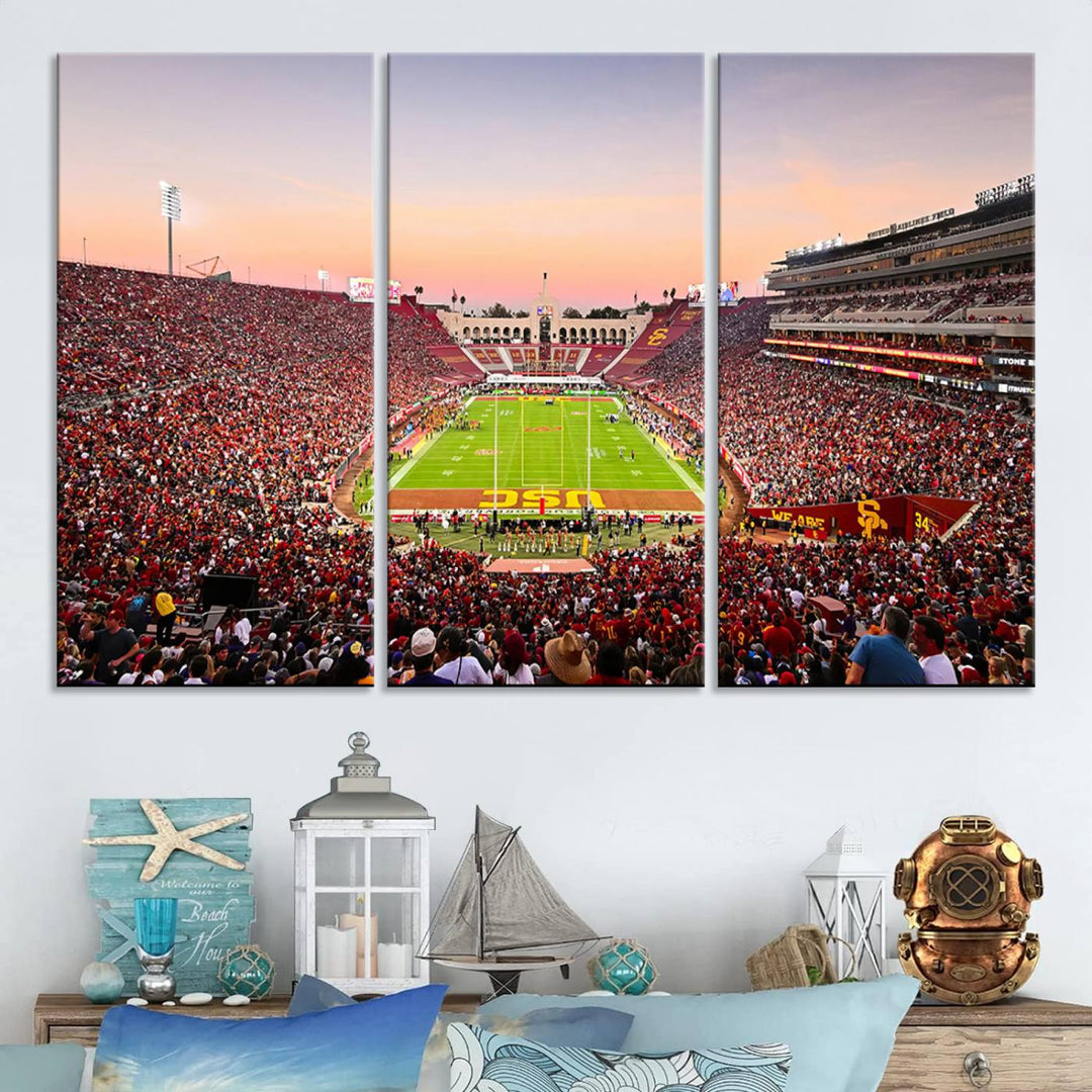 A USC Trojans wall art canvas print highlights the scene, depicting the Coliseum Stadium at sunset.