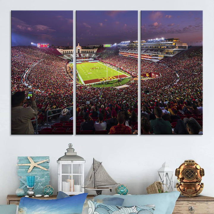 The vibrant wall art canvas print captures the USC Trojans playing under lights at dusk in LA Memorial Coliseum.