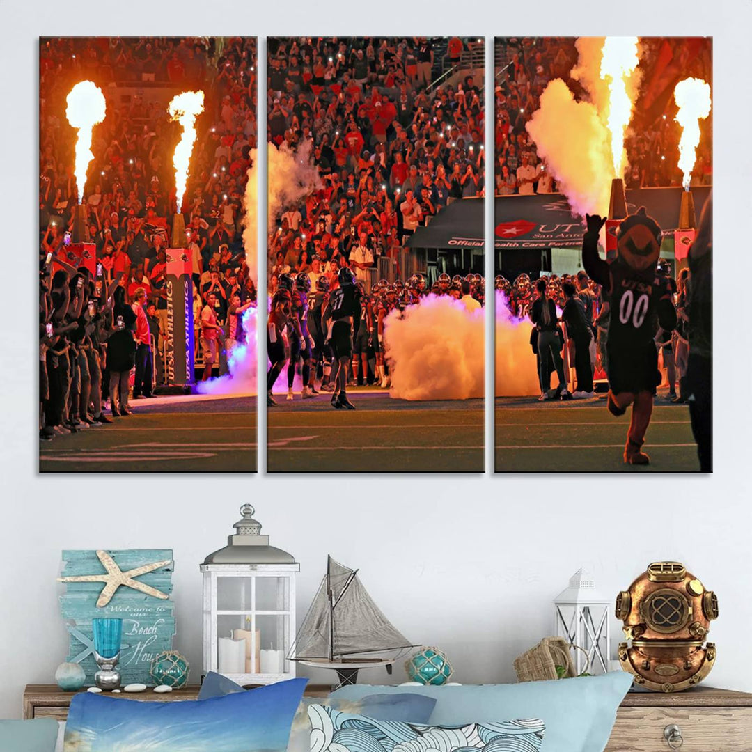 This canvas print captures the UTSA Roadrunners storming the Alamodome under smoke and fire.