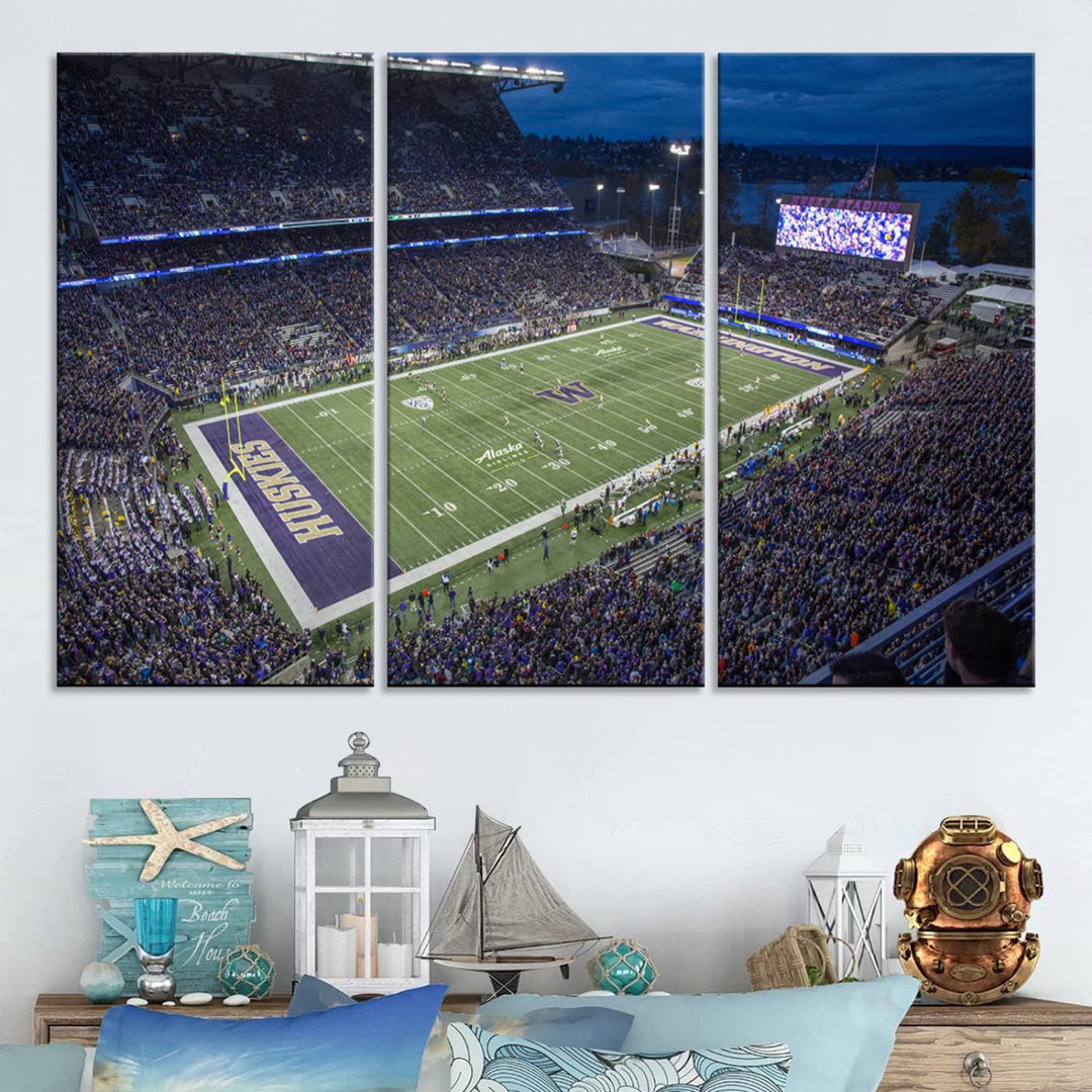 The University of Washington Huskies Football Team Print: Seattle Husky Stadium Wall Art Canvas captures a dusk stadium view.