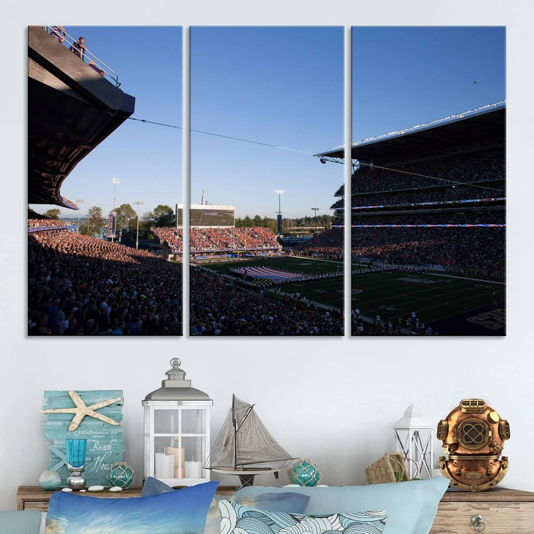 The University of Washington Huskies wall art print depicts Husky Stadium coming alive with fans as flags flutter.