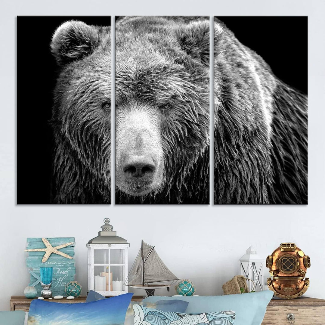 The 399 Grizzly Bear Canvas Print is displayed prominently on a wall in a modern living room.