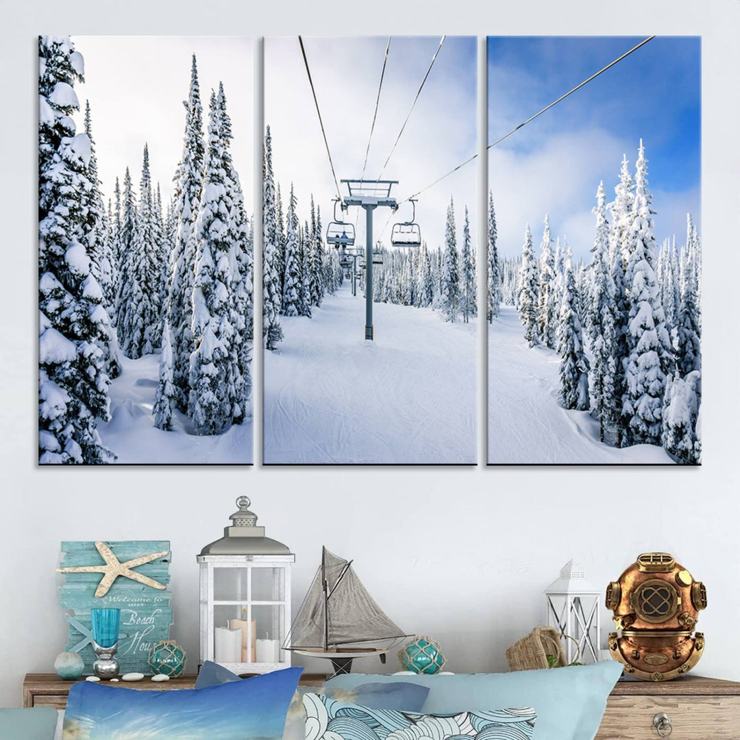 Winter Ski Lift Landscape Wall Art | Snowy Mountain Adventure | Framed and Ready to Hang | Perfect for Cabin Wall Art, Farmhouse Decor