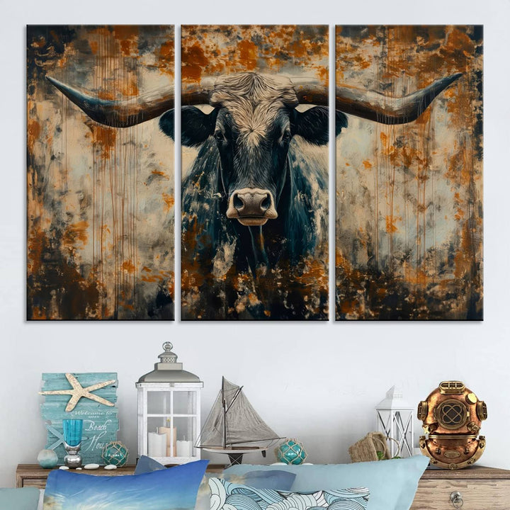 Abstract Longhorn Bull Wall Art | Rustic Western Wall Decor | Framed and Ready to Hang | Ideal for Farmhouse, Lodge, and Barn Decor