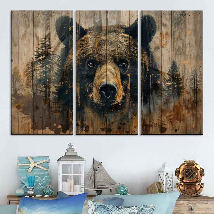 The Abstract 399 Bear Wall Art, featuring a rustic cabin theme with forest design, is framed and ready to hang. It's ideal for lodge, cabin, and barn decor and perfectly complements the nature lover's aesthetic.