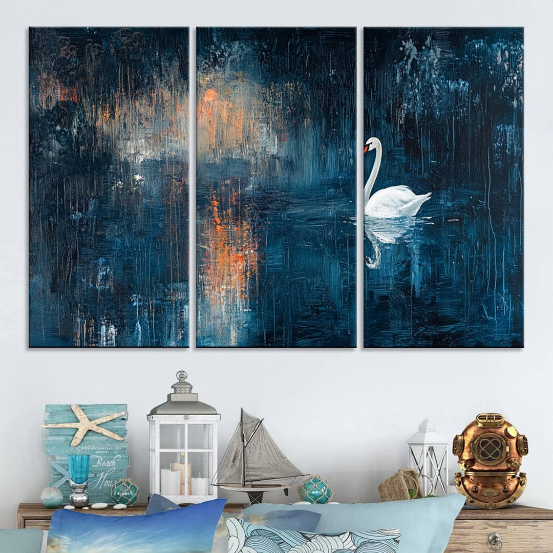 Abstract Swan Wall Art | Moody Blue and Orange Swan Painting on Canvas | Framed and Ready to Hang | Elegant and Modern Art for Living Room or Bedroom Decor