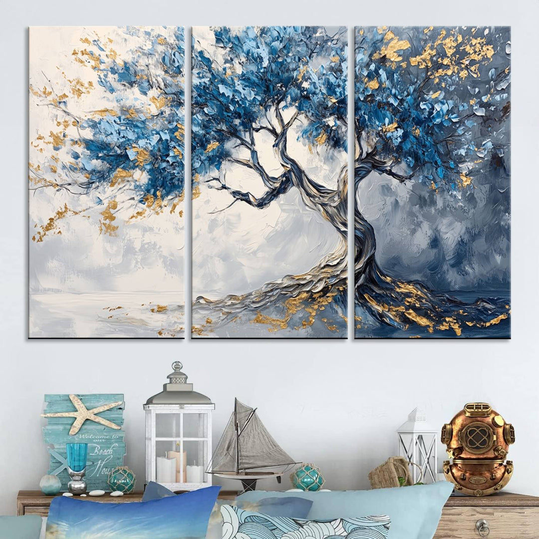 Elegant Abstract Tree Canvas Wall Art | Tree of Life Painting | Textured Art in Blue and Gold | Framed & Ready to Hang for Modern Living Room Decor