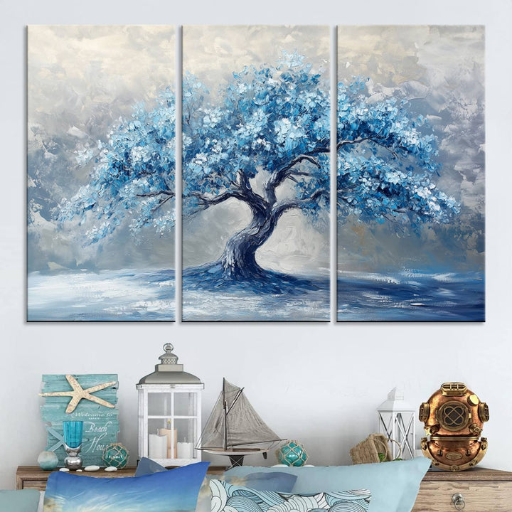 Serene Abstract Blue Tree Wall Art | Canvas Print of a Majestic Tree in Blue Hues | Perfect for Farmhouse, Coastal, and Modern Decor