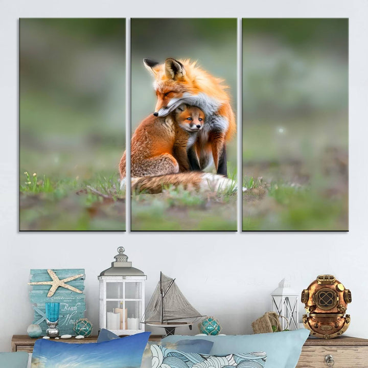 Heartwarming Fox and Baby Cub Wall Art | Ready to Hang Canvas Print of Foxes in Nature | Perfect for Animal Lovers, Rustic Decor, and Cabin Wall Art