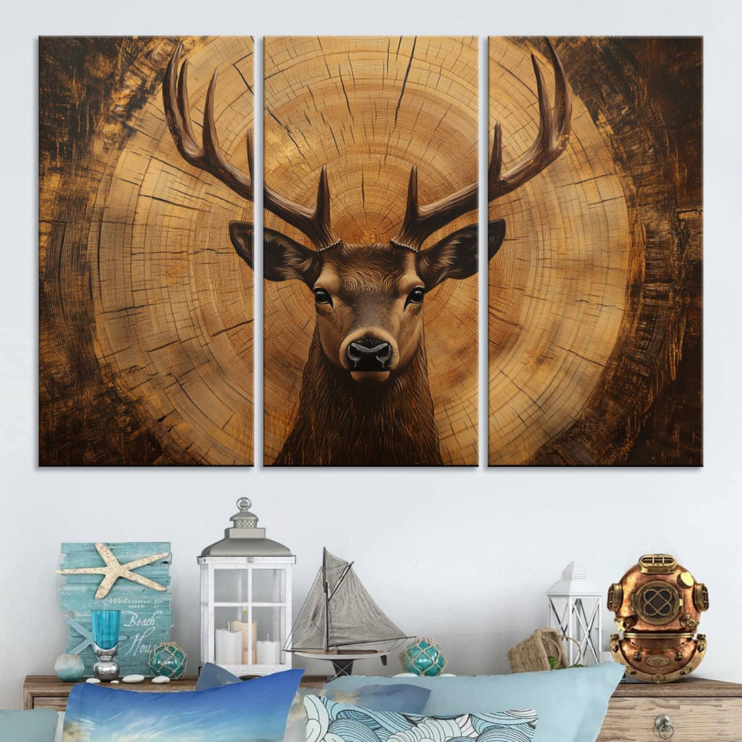 Deer Wall Art Canvas Print | Ready to Hang Canvas Print of a Stag with Rustic Tree Rings | Perfect for Farmhouse Wall Decor, Cabin Wall Art