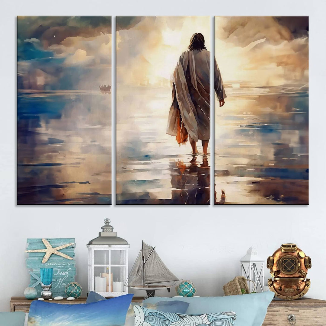 Jesus Walking on Water Wall Art | Ready to Hang Spiritual Triptych Canvas Print | Inspirational Christian Decor for Home or Church