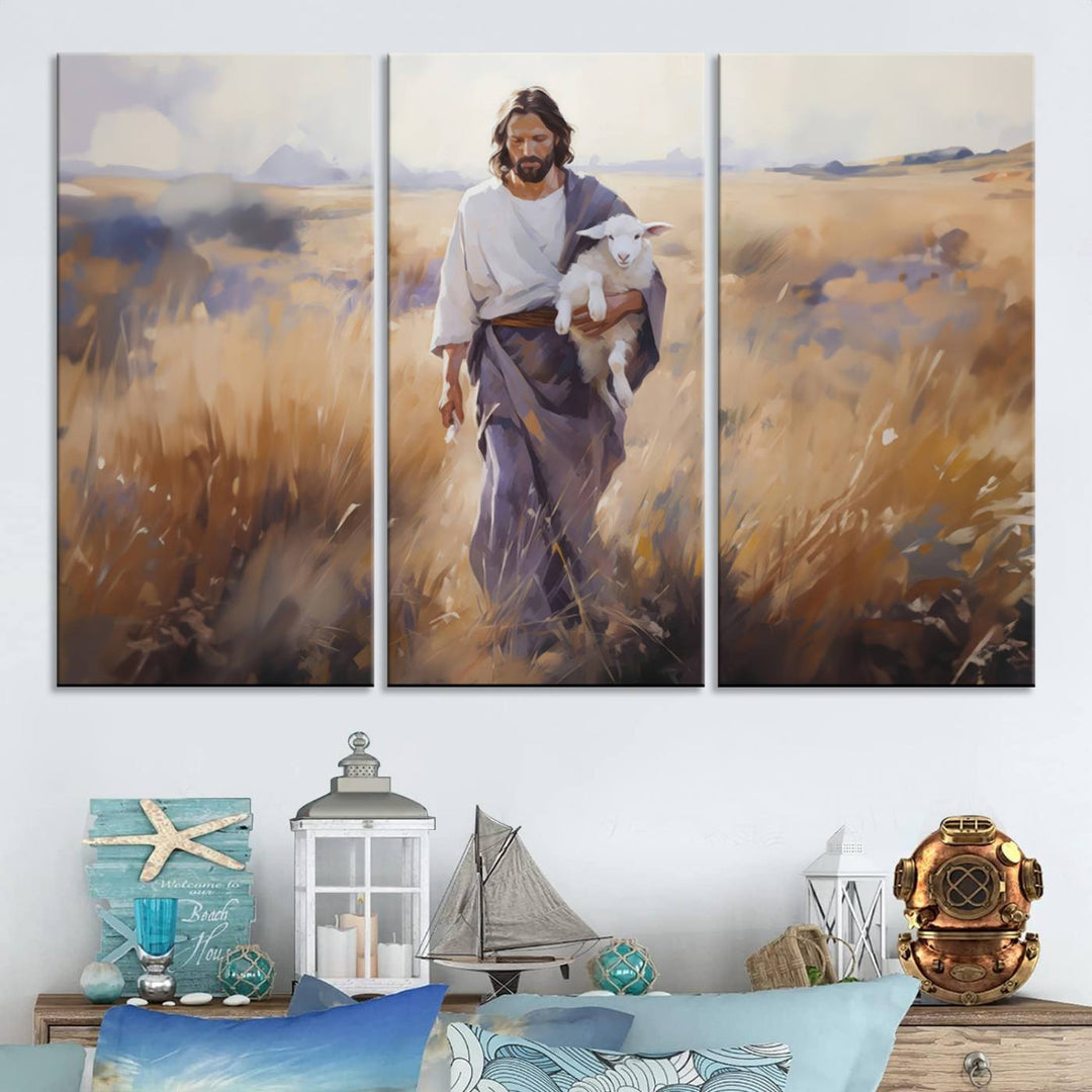 Jesus the Good Shepherd Wall Art Canvas Print - Lost Lamb  Print for Prayer Room Decor