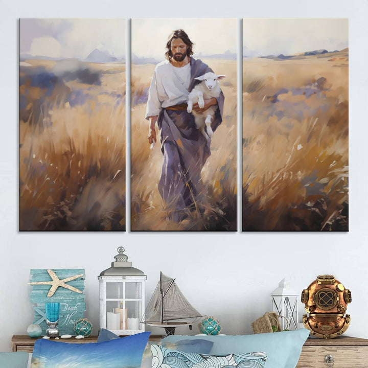 Jesus the Good Shepherd Wall Art Canvas Print - Lost Lamb  Print for Prayer Room Decor