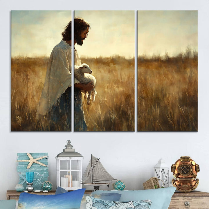 Jesus the Good Shepherd Wall Art Canvas Print - Inspirational Christian Religious Print for Prayer Room Decor