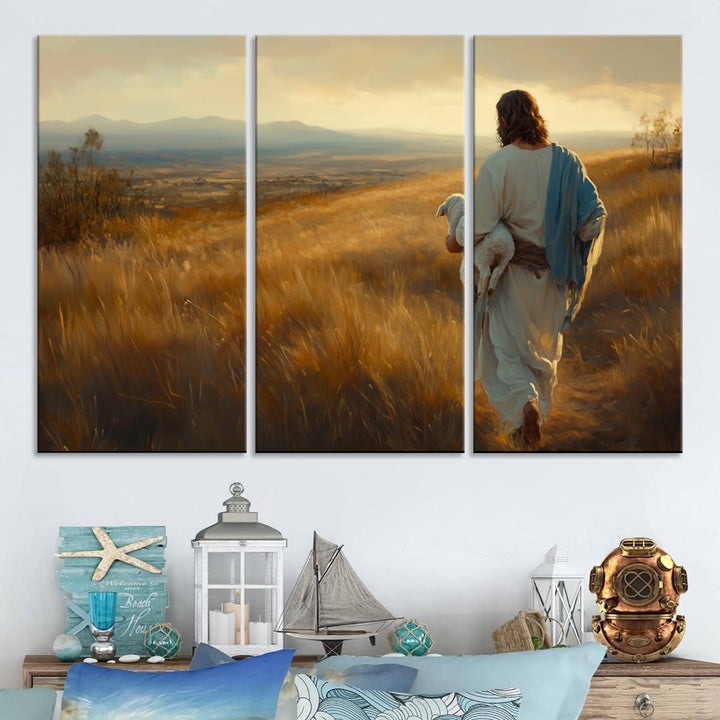 Jesus the Good Shepherd Wall Art Canvas Print - Inspirational Christian Religious Print for Prayer Room Decor