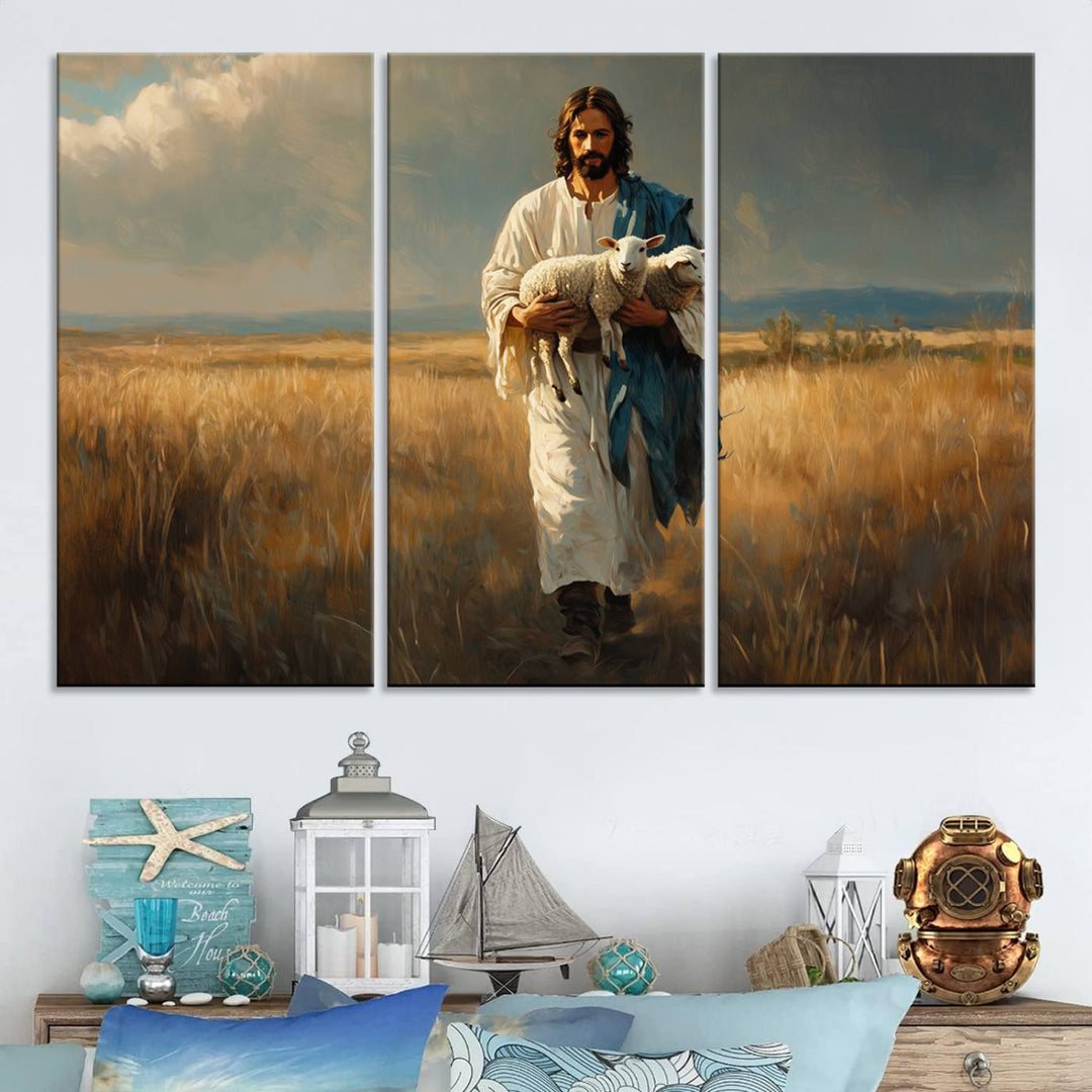 Jesus Shepherd Wall Art | Ready to Hang Triptych Canvas of Jesus Holding a Lamb in a Field | Inspirational Christian Decor for Home